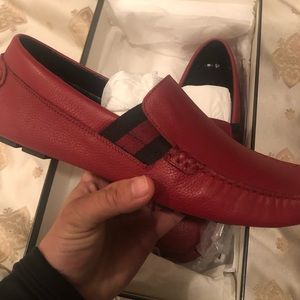 Gucci Red Textured Leather Praga Slip On Loafers